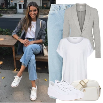 Nadrozměrné Outfit s Šedá/Bílá/Krémová Tričko/Jednoduchý top/Mužské běžecké boty/Neformální tričko/Tričko nadměrné velikosti/Košilový top/Tričko s krátkým rukávem/Krátký top Only "Perfektní na léto"Look: Klasické, Cool, Nadrozměrné, Bezešvé, Skromné