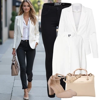 Elegantní Outfit s Bílá Elegantní Sako/Kožená Pánská Bund/Kožená bunda pro muže/Boyfriend Sako/Smokingové sako/Bavlněný Sako/Blejzrové Bund/Krátké Sako/Blůzové Sako/Neformální Sako/Teplákový blejzr Ichi "Perfektní na léto"Look: Business, Kancelář, Elegantní, Klasické