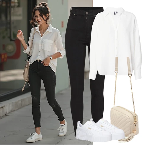 Kombinace Bílá/Krémová Halenkové Body/Crash blůza/Žehlení odolná blůza/Blůza s nášivkou na lokti/Blůza s knoflíčkem/Halenka se Stojatým Límcem/Businessová Halenka/Halenka s Dlouhým Rukávem/Oversize Halenka/Oversize Muselínová Blůza/Slip-on Halenka VERO MODA kombinovat s Černá Kožená bunda/Push up Džín/Kožené Boty/Sweat Džíny/Termální Džíny/Motorkářské Džíny/High Waist Džínové Kalhoty Dr. Denim