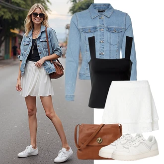Outfity pro zábavu Od 40 let s Světle modrá/Modrá Džínové Bund/Krátké Džínové Bundičky VERO MODA, Černá/Hnědá Bustierový Top/Halenka Bez Rukávů/Top Se Špagetovými Ramínky Edited, Hnědá/Béžová/Žlutá Taška Přes Rameno/Klasická Taška Přes Rameno/Sportovní Taška Přes Rameno/Brašna/Dopisová peněženka/Taška na Macbook/Taška/Nezařazené Pieces "Lehký outfit"