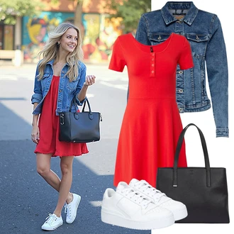 Výstřih na ramena A line Outfit s Červená/Tmavě červená Šaty Do Áčka/Ležérní Šaty/Šaty Fit & Flare/Žerzejové Šaty/Polo Šat/Skater šaty/Tričkové šaty Only "Lehký outfit"