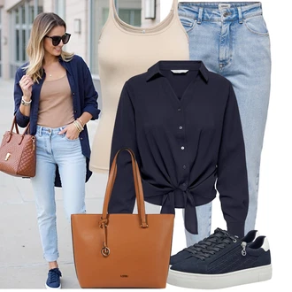 Outfit s Modrá/Tmavě modrá/Světle modrá Nízká Teniska/Teniska s dírkovaným vzorem/Letní tenisky/Teniska na platformě/Úzká teniska/Tenisky s Bočním Zipem/Kožené tenisky Tamaris "Lehký outfit"