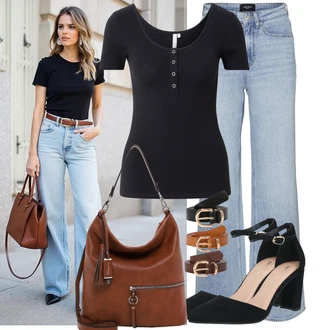 Outfit s Světle modrá/Modrá High Waist Džínové Kalhoty/Džíny Culottes/Džín s Širokou Nohavicí/Džíny Volného Střihu/Džíny s Rozparkem/Zvonové Džíny/Vintage džíny/Baggy Džíny/Pánské tričko VERO MODA "Lehký outfit"