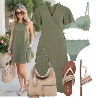 Outfit sa Bež/Krem/Pink Sandale Pletena Sandala/Ljetna Cipela About You "Lagani outfit"