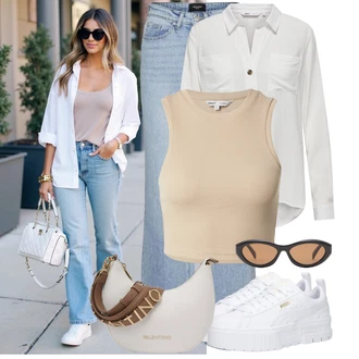 Outfit s Světle modrá/Modrá High Waist Džínové Kalhoty/Džíny Culottes/Džín s Širokou Nohavicí/Džíny Volného Střihu/Džíny s Rozparkem/Zvonové Džíny/Vintage džíny/Baggy Džíny/Pánské tričko VERO MODA "Lehký outfit"