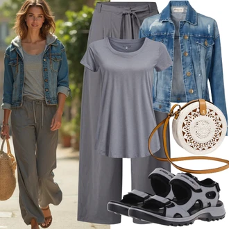 Džínovina Outfit s Modrá/Světle modrá Vintage Bund/Džínové Bund/Krátké Džínové Bundičky VERO MODA "Dovolenkový Outfit"