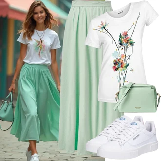 Outfit sa Svjetlozelena/Zeleno/Svjetloplava Suknja/Kratke hlače velike veličine/Hlača Velika Veličina/Haljina Veći Broj Lascana "Elegantna ljetna odjeća"