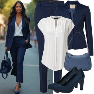 Outfity do kanceláře Jaro s Tmavě modrá Business Kalhoty/Navlékací Kalhoty/Strečová Kalhoty/Obleková Kalhoty/Kalhoty s Vysokým Pasem/Mušelínové kalhoty/Žerzejová Kalhoty/Tregíny/Rovná Kalhoty/Úzká Kalhoty/Bengaline Kalhoty Object "Elegantní Letní Outfit"