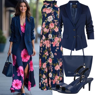 Outfity pro léto Svatební host s Tmavě modrá Sandál Na Širokém Podpatku/Letní Bota/Sandál s podpatkem/Lodička Nízký Podpatek Tamaris, Tmavě modrá Košilové šaty/Halenkové Šaty/Šaty S Kosticí/Šaty S Potiskem/Pouzdrové Šaty S Dlouhým Rukávem/Tunikové šaty About You "Elegantní letní outfit"