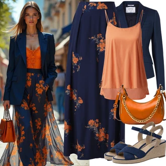 Dlouhé Outfit s Tmavě modrá Dvojřadový Sako/Blejzrové Bund/Blůzové Sako/Kožená bunda/Pletený Sako/Krátké Sako/Lidové Sako Only "Elegantní Letní Outfit"