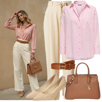 20 léta Outfit s Béžová/Khaki Plisovaná Kalhoty/Paperbag Kalhoty/Lněné Kalhoty/Mušelínové Kalhoty/Kalhoty se Štěrbinou/Tradiční Kalhoty VERO MODA "Elegantní vzhled"Look: 20 léta, Elegantní, Italský, Old Money, Venkovní, Traditional, Univerzitní