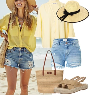 Letadlo Outfit s Béžová/Hnědá Espadrille pantofle/Espadrille sandál About You "Jarní outfit"