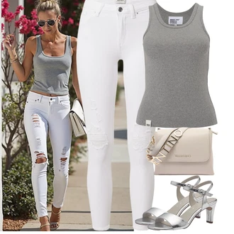 Outfity pro sport 90tá léta s Šedá/Krémová/Bílá Jeggings/Kalhoty s dírou Only "Jarní outfit"Look: Styl, 90tá léta, Cool, Disko, Krásný, Old Money, Univerzitní