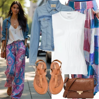 Outfity pro léto Svatební host s Oranžová/Vícebarevný/Žlutá/Béžová/Hnědá Harémová Kalhoty/Plážová Kalhoty/Široká Kalhoty/Látková Kalhoty/Kalhoty s Potiskem/Palazzo Kalhoty/Tradiční Kalhoty temu, Hnědá/Béžová Sandál Na Podpatku/Sandál s podpatkem/Sandál Na Širokém Podpatku Dorothy Perkins "Krásný Letní Vzhled"