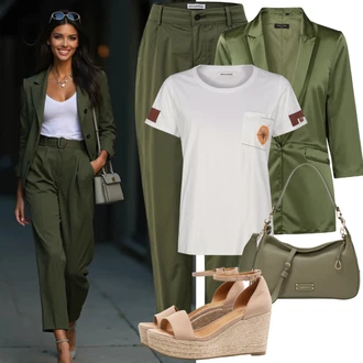 Rockový Koncert Outfit s Béžová Espadrille sandál/Platform Sandal/Sandál se třpytkami/Pohodlný Sandál/Římská sandála/Letní Bota/Přezková bota bayton "Krásný Letní Vzhled"Look: Blokování barev, Ležérní, Šik, Cool, S Metall, Nadrozměrné, Rockový, Unisex, Bar, Den na pláži, Koncert, Festival, Škola, Malle, 30. narozeniny