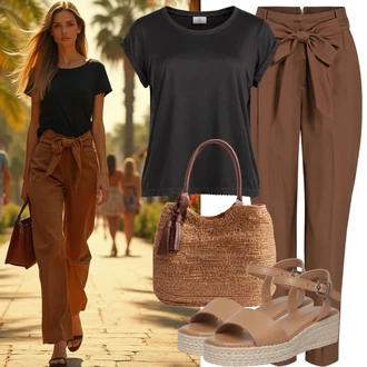 Outfit s Hnědá/Béžová/Khaki Široká Kalhoty/Lněné Kalhoty/Marlene Kalhoty/Kalhoty se Štěrbinou/Palazzo Kalhoty/Paperbag Kalhoty/Mušelínové kalhoty/Kalhoty s Vysokým Pasem/Culotte Kalhoty Only "Krásný Letní Vzhled"