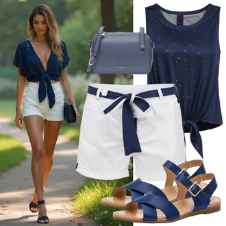 Východ Outfit s Modrá/Sv?tle modrá/?edá/Tmav? modrá Tílko s o?ezem/Tri?ko s grafikou/Pánské boty/Pletený top/Halenka Bez Rukáv?/Dlouhý top yups "Krásný Letní Vzhled"Look: Na Procházku, Jízda na koni, Volný ?as, Východ