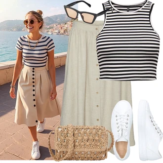 Prugasto Outfit sa Krem/Bijela/Tamnoplava/Crna Majica I Top Veći Broj/Bluza Veći Broj Only "Lagani outfit"