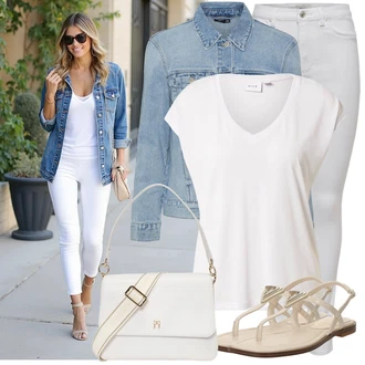 Letadlo Outfit s Bílá/Krémová Tričko/Jednoduchý top/Tričko s vodopádovým výstřihem/Muskulární Tričko/Košilový top/Tričko s krátkým rukávem/Krátký top/Tričko s grafikou/Pánské boty/Zavinovací Tričko Vila "Módní outfit pro volný čas"