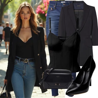 Old Money Outfit s Modrá/Světle modrá Džíny Kožená bunda/High Waist Džínové Kalhoty/Džíny s Rozparkem/Džíny s Nízkým Sedem/Džín s Nízkým Pasem/Push up Džín/Slim Fit Džíny/Navlékací Džíny/Kožené Boty/Zimní bunda Pepe Jeans "Letní oblečení"Look: Styl, 90tá léta, Cool, Disko, Krásný, Old Money, Skromné