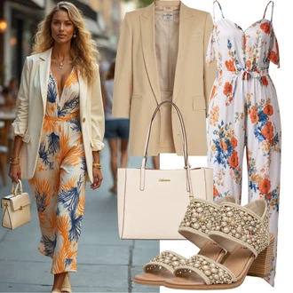 Outfit s Černá/Bílá/Hnědá/Krémová Letní overall/Overal s půlkulatým výstřihem/Hrací souprava temu "Letní outfit"