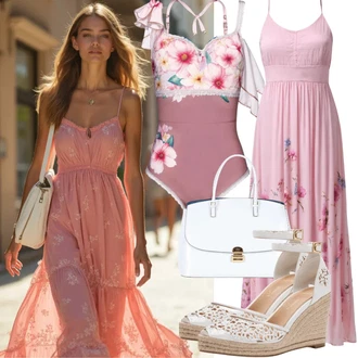 Boho Outfit s Růžová/Vícebarevný/Fialová/Hnědá Midi Šaty/Volánové šaty/Společenské šaty pro hosta/Letní Šaty/Šaty Carmen/Asymetrické Šaty/Zavinovací Šaty/Šaty S Potiskem/Šaty S Odhalenými Rameny koton "Letní Outfit"Look: S průsvitem, 20 léta, Příliš oblečený, Trendový, Elegantní, Bohémský, Boho, Fancy, Premium, Vintage