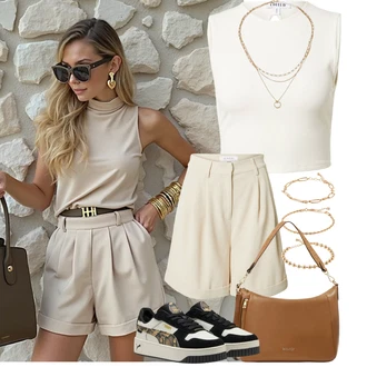 Outfity pro léto s Béžová/Khaki Košile Vysoký pas Kraťasy/Chino Kraťasy/Pytlovitý Šortky/Bermuda/Šortky/Mušelínové Šortky/Lněný kraťas/Papírové Šortky about you x iconic by tatiana kucharova "Letní outfity"