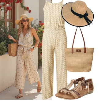 50. rođendan Gost Outfit sa Bež/Bijela/Žuta/Smeđa/Kaki Svečani kombinezon/Elegantni kombinezon/Vjenčanje kombinezon/Kombinezon s halterima/Ljetni kombinezon/Kombinezon širokih nogavica designers society "Outfit na léto"Look: 40. rođendan, Brvnare, Rođendan, 50. rođendan, 70. rođendan, Majčin dan, 30. rođendan, Novogodišnja noć, Koncer, dan na plaži
