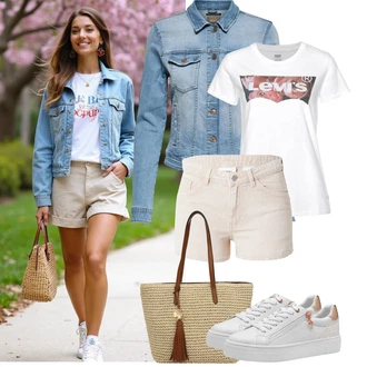 Krátká Outfit s Růžová/Bílá/Béžová/Hnědá Teniska se Třpytkami/Nízká Teniska/Teniska s dírkovaným vzorem/Teniska na platformě/Úzká Teniska/Kožené Tenisky/Letní Tenisky Tamaris "Letní outfity"