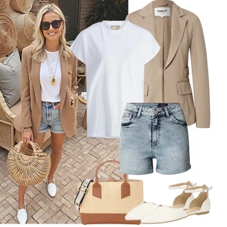 Outfit s Bílá/Krémová Jednoduchý top/Mužské běžecké boty/Neformální tričko/Fancy tričko/Funkční tričko/Dlouhá košile/Tričko nadměrné velikosti/Tričko s krátkým rukávem jjxx "Letní outfity"