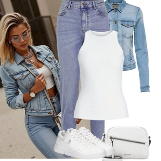 Old Money Outfit s Světle modrá Džíny Mom Jean/Dad Džíny/Boyfriend Džínové kalhoty/High Waist Džínové Kalhoty/Navlékací Džíny/Zužující se Džíny/Girlfriend Džíny/Kožená Pánská Bund/Vintage Džíny/Zkrácené Džíny Pieces "Letní outfity"Look: Emo, Styl, 90tá léta, Ležérní, Cool, Krásný, Old Money