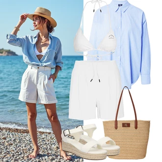 Outfity pro léto s Bílá/Krémová Košile Vysoký pas Kraťasy/Lněný kraťas/Mušelínové Šortky/Šortky/Pytlovitý Šortky VERO MODA "Letní outfity"
