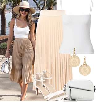 Outfity pro léto Svatební host s Béžová/Hnědá/Khaki Midi Sukně/Sukně do Délky Lýtka/Vintage sukně maxi/Pletená sukně/Dlouhá Sukně/Křesťanská Sukně/Plisovaná sukně/Maxi sukně/Italská Sukně/Sukně Pro Matriku Rich & Royal, Bílá/Krémová/Béžová Páskový Sandál/Sandál s podpatkem/Sandál Na Podpatku/Lodička S Páskem/Svatební Bota/Svatební bota/Přezková bota About You "Letní outfity"