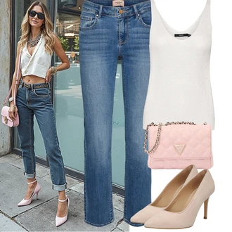 Outfit s Světle modrá/Modrá Zkrácené Džíny/Navlékací džíny/Džíny s Rozparkem/Sportovní boty/Capri Džíny/Kotníková Bota/Dámské Džíny s Délkou 7/8/Boyfriend Džínové kalhoty/Rovná Džína/Slim Fit Džíny/Pánské tričko/Girlfriend Džíny/Džíny Regular Fit VERO MODA "Letní outfity"