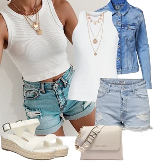 Outfity pro léto Svatební host s Bílá/Béžová/Krémová Espadrille sandál/Espadrilka s klínovým podpatkem/Sandál na klínku/Letní Bota About You "Letní outfity"