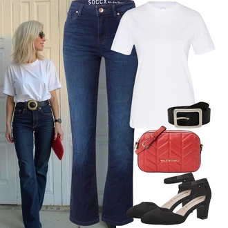 Outfit s Tmavě modrá/Modrá/Lilové barvy/Světle modrá Zvonové Džíny/Zkrácené Džíny/Kožená Pánská Bund/Džíny s Rozparkem/Dámské Džíny s Délkou 7/8/Pánské tričko/Zimní bunda SOCCX "Letní outfity"
