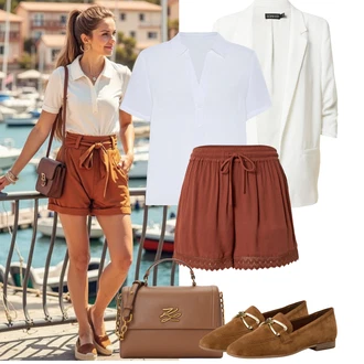 Outfity pro léto s Červená/Oranžová/Hnědá/Tmavě hnědá Košile Sieťový kraťas/Mušelínové Šortky/Šortky/Pytlovitý Šortky About You "Letní outfity"