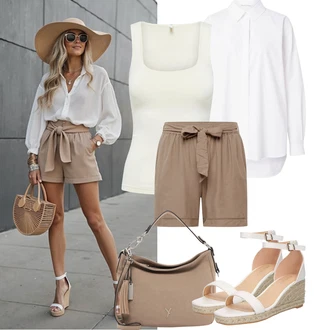 Outfity pro léto Svatební host s Krémová/Hnědá/Béžová/Bílá Letní Bota/Bota Na Klínku/Sandál na klínku/Espadrilka s klínovým podpatkem/Korkový sandál na klínku/Espadrille sandál About You "Letní outfity"