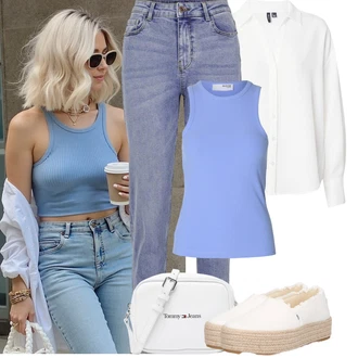 Outfit s Světle modrá Mom Jean/Dad Džíny/Boyfriend Džínové kalhoty/High Waist Džínové Kalhoty/Navlékací džíny/Zužující se Džíny/Girlfriend Džíny/Kožená Pánská Bund/Vintage džíny/Zkrácené Džíny Pieces "Letní outfity"