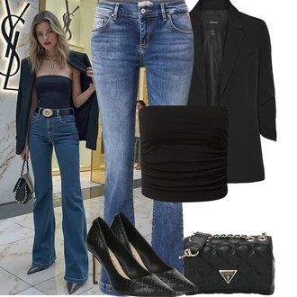 Bootcut/trapezice Outfit sa Plava/Svjetloplava Traperice Muška majica/Trapez Traperice/Traperica Niskog Struka/Traperice s Prorezom/Traperica Niskog Struka/Zimska jakna LTB "Outfit na léto"