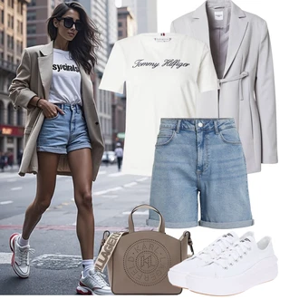 Outfity pro léto s Světle modrá/Modrá Košile Vysoký pas Kraťasy/Džínový Šortky/Bermuda Vila "Letní outfity"