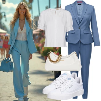 Elegantan Outfit sa Plava Odijelo Sakoi za Bluzu/Elegantni Sako/Kožna Jakna za Muškarce/Odeća Za Slobodno Vrijeme/Poslovno Odijelo stylove "Lijepi Ljetni Izgled"Look: GoGo, Šik, klasický, Chic, Pametno ležerno, Blokiranje boja, Elegantan, Radna odjeća, Ured, Poslovni