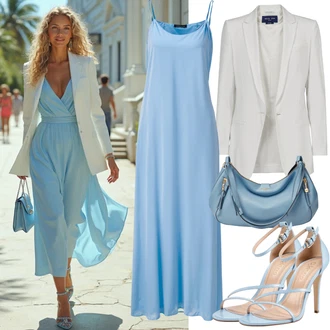50. rođendan Gost Outfit sa Svjetloplava Haljina Na Naramenici/Haljina na špagete/Haljina sa naramenicama/Čipkasta Haljina/Maturalna Haljina/Babydoll Haljina/Ljetna Haljina/klizačka haljina Coast, Krem/Bijela Kaput/Odijelo wallis "Lijepi Ljetni Izgled"Look: Koktel Zabava, Rođendan, Matični ured, Festival, 50. rođendan, Coachella, Koncer, 30. rođendan, Bal, Novogodišnja noć, Gala, 18. rođendan, Vrtne zabave, Prije vjenčanja, Malle, Vjenčanje, Oktoberfest, 60. rođendan, Pričest, Škola