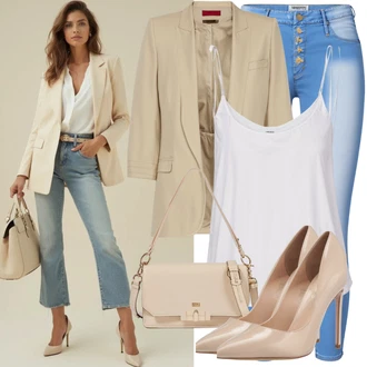 50. rođendan Gost Outfit sa Bež Odijelo Pieces "Ljetni izgled za modne žene"Look: Škola, Majčin dan, Koncer, 60. rođendan, 50. rođendan, 30. rođendan, 40. rođendan, Korporativna zabava, Rođendan