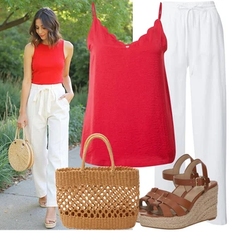 Outfit s Bílá/Krémová Dlouhá Kalhoty/Lněné Kalhoty/Tradiční Kalhoty/Domácí Kalhoty/Navlékací Kalhoty/Plyšová Kalhoty/Pyžamová Kalhoty/Bavlněná Kalhoty/Relaxační Kalhoty/Žerzejová Kalhoty/Mušelínové Kalhoty VERO MODA "Stylový vzhled pro volný čas"