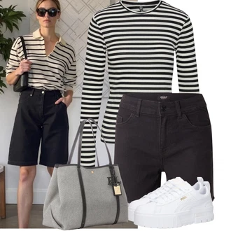Prugasto Outfit sa Crna/Smeđa/Bijela/Tamnoplava/Zeleno Majica S Prugama/Majica S Visokim Okovratnikom Pieces "Cool outfit za svaki dan"