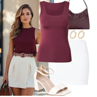 Outfit sa Smeđa/Crvena/Bijela/Krem Sandale Sandalice s blok petom/Sandala s petom About You "Ljetni outfit za slobodno vrijeme"