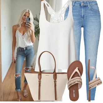 Outfit sa Siva/Krem/Srebro/Smeđa/Bijela Majica I Top Veći Broj/Bluza Veći Broj/Tunika About You "Moderan look za slobodno vrijeme"
