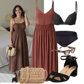 Boho Outfit s Červená/Fialová/Hnědá Plisované Šaty/Midi Šaty/Šaty v Délce do Lýtka/Šaty Na Ramínko/Šaty na tenké ramínko/Dlouhé Letní Šaty About You "Cool každodenní outfit"Look: Boho, Elegantní, Mom, Old Money, Příliš oblečený, Romantický, Univerzitní