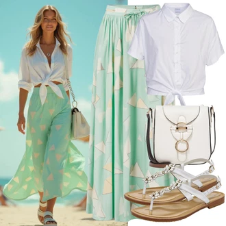 Romantičen outfit mit Bela/Krem Bluza s Puf Rokavom/Bluza z Volančkom answear lab "Modni Poletni Videz"Look: Romantičen, Overdressed, Babydoll, Boho, 20-ta leta, Modernen